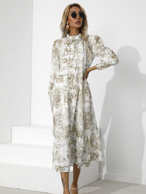 Printed Loose-Fit Cropped Sleeve Dress – Round Neck, Lightweight Cotton Blend