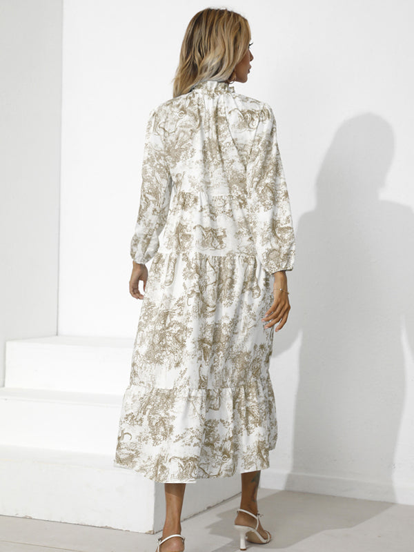 Printed Loose-Fit Cropped Sleeve Dress – Round Neck, Lightweight Cotton Blend