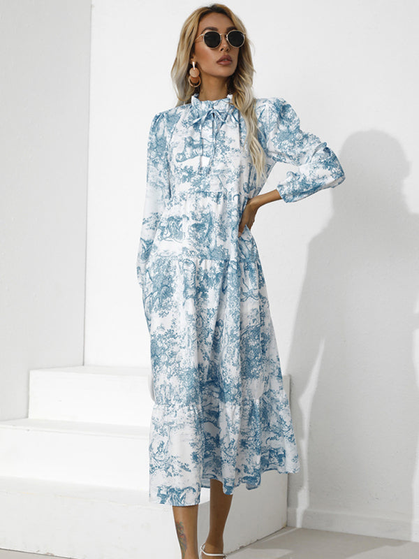 Printed Loose-Fit Cropped Sleeve Dress – Round Neck, Lightweight Cotton Blend
