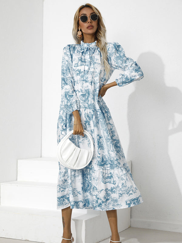 Printed Loose-Fit Cropped Sleeve Dress – Round Neck, Lightweight Cotton Blend