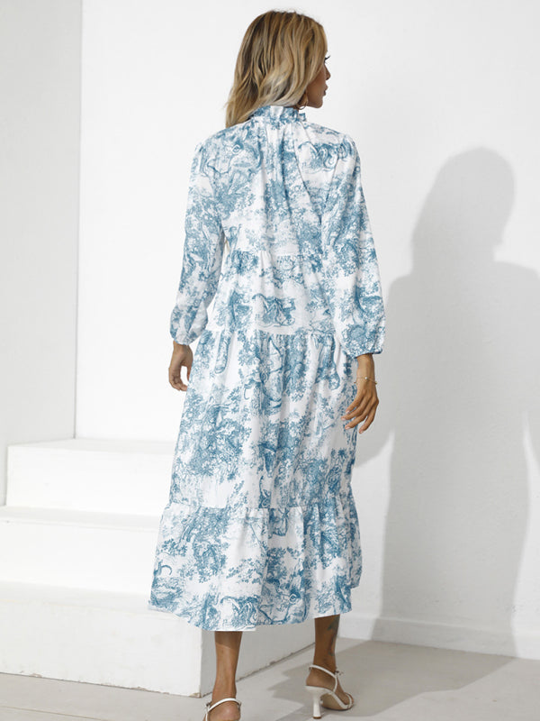 Printed Loose-Fit Cropped Sleeve Dress – Round Neck, Lightweight Cotton Blend