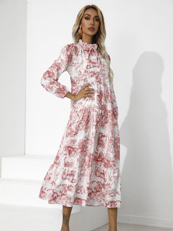 Printed Loose-Fit Cropped Sleeve Dress – Round Neck, Lightweight Cotton Blend