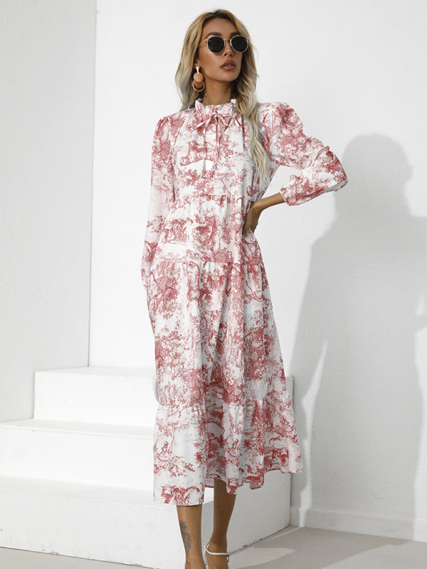 Printed Loose-Fit Cropped Sleeve Dress – Round Neck, Lightweight Cotton Blend