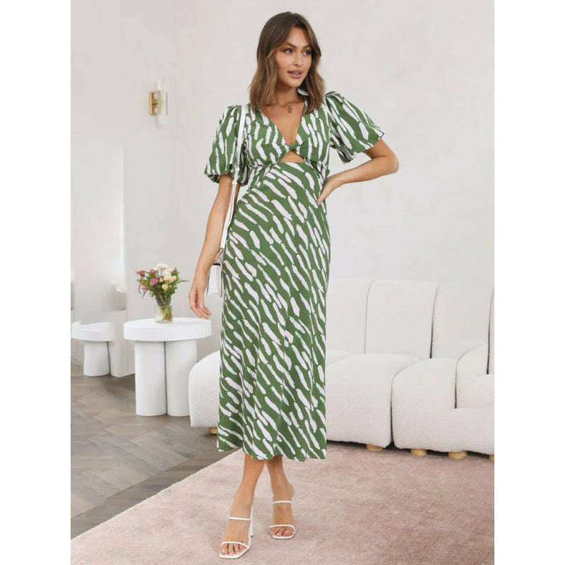 فستان ميدي مزخرف برقبة على شكل حرف V – بدون أكمام، مطاطي قليلاً، مناسب للصيف، فيت سمايلينغ ماريا - كل شيء للنساء 34649887