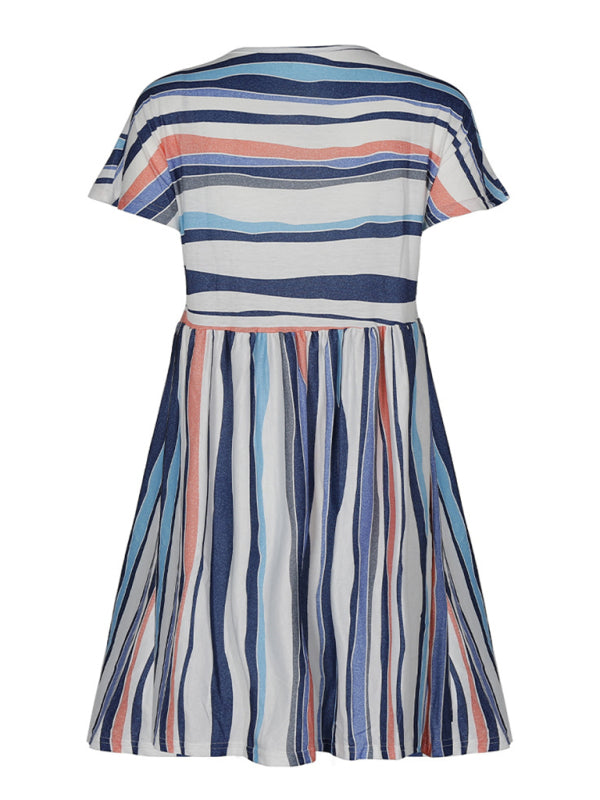 Color-Striped Loose Summer Dress – Short Sleeve, Relaxed Fit, Lightweight