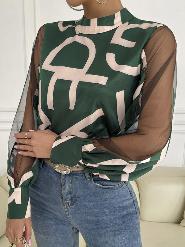 Women's Geometric Mesh Patchwork Long Sleeve Top