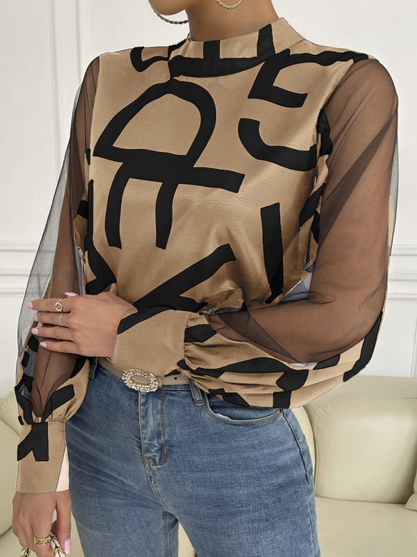 Women's Geometric Mesh Patchwork Long Sleeve Top