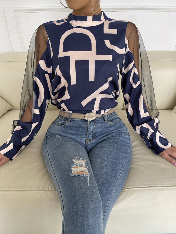 Women's Geometric Mesh Patchwork Long Sleeve Top