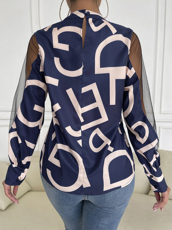 Women's Geometric Mesh Patchwork Long Sleeve Top