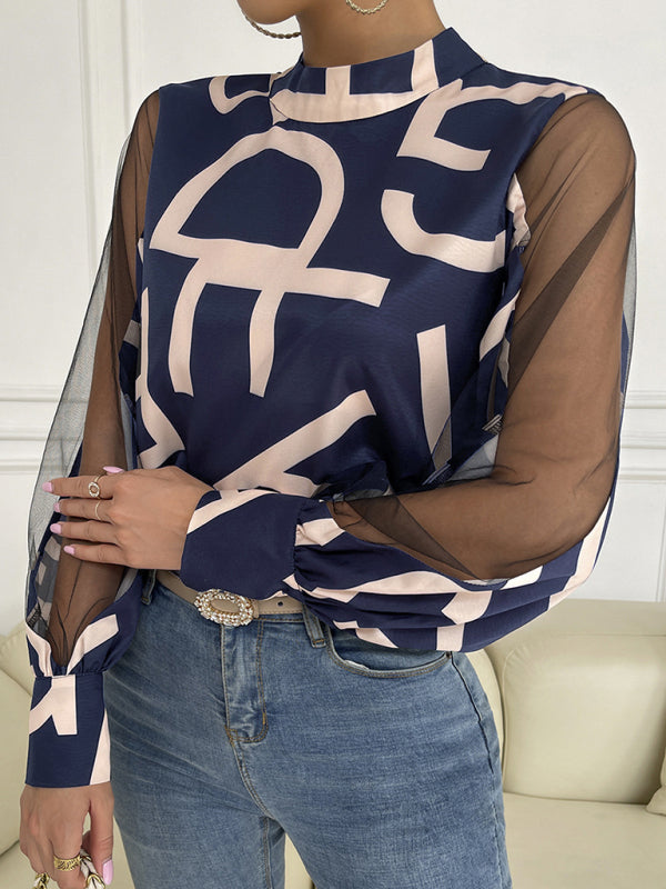 Women's Geometric Mesh Patchwork Long Sleeve Top