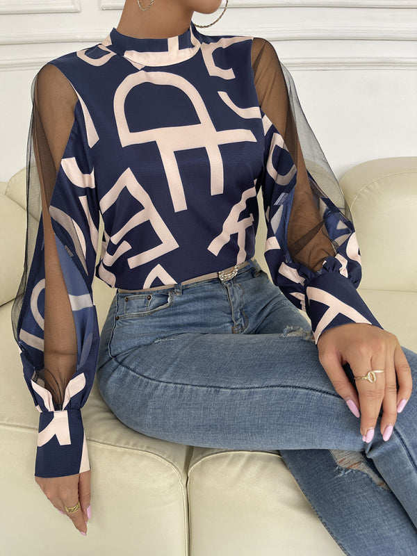 Women's Geometric Mesh Patchwork Long Sleeve Top