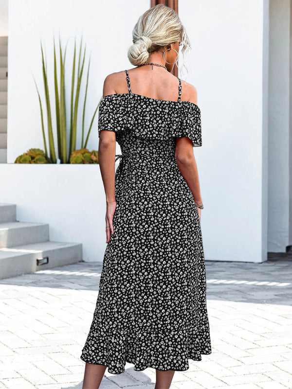 One-Shoulder Floral Woven Mid-Length Dress – Irregular Hem, Spring-Summer Style