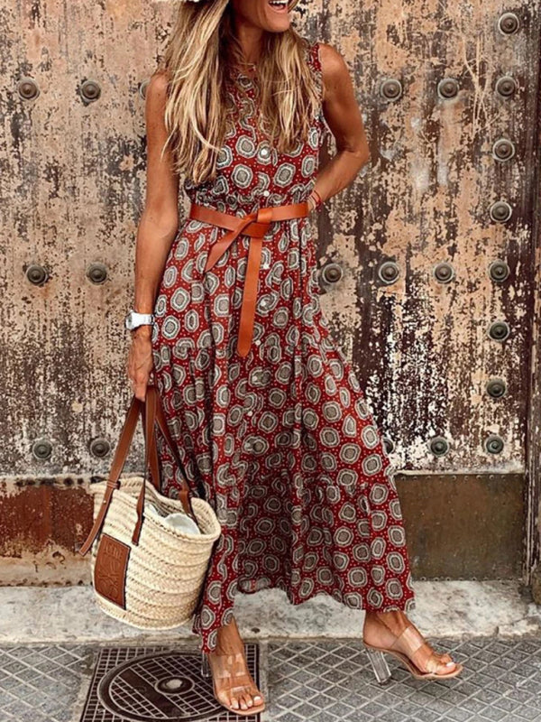 Bohemian Polka Dot Midi Dress – Sleeveless Summer Style (Belt Not Included)