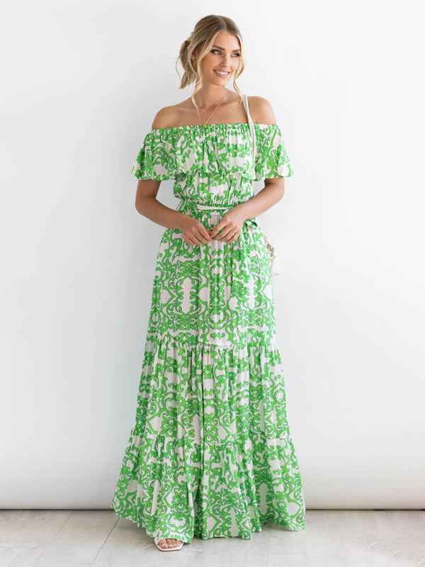 Printed One-Shoulder Ruffle Maxi Dress – Boat Neck Flowy Fit, Vacation-Ready