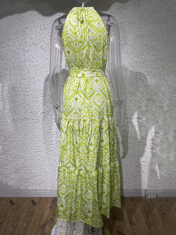 Elegant Geometric Halter Neck Sleeveless Maxi Dress – Boho Spring-Summer Style