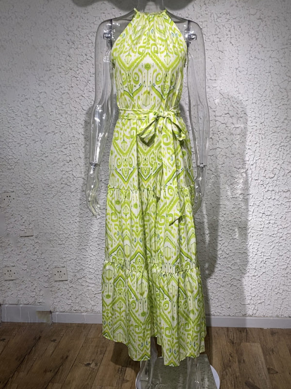 Elegant Geometric Halter Neck Sleeveless Maxi Dress – Boho Spring-Summer Style