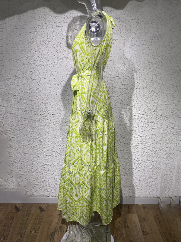 Elegant Geometric Halter Neck Sleeveless Maxi Dress – Boho Spring-Summer Style