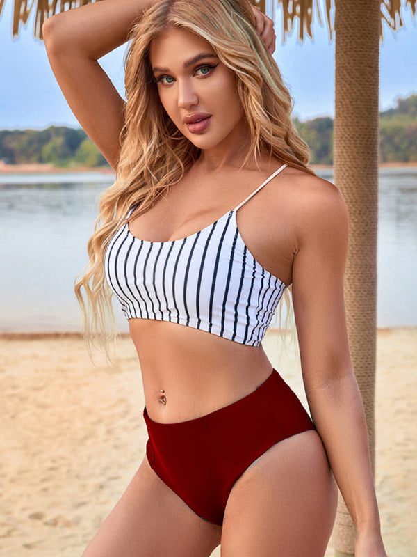 Striped High-Waisted Bikini Set – Side Split Bottoms & Sleek Fit