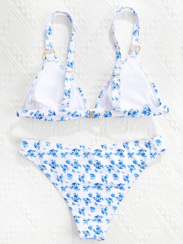 Colorful Romantic Print Bikini Set – Split Top, High Elastic Stretch