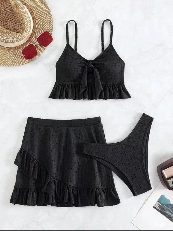 Romantic 3-Piece Swimsuit Set – Bikini Top, Bottom & Sheer Hip Skirt
