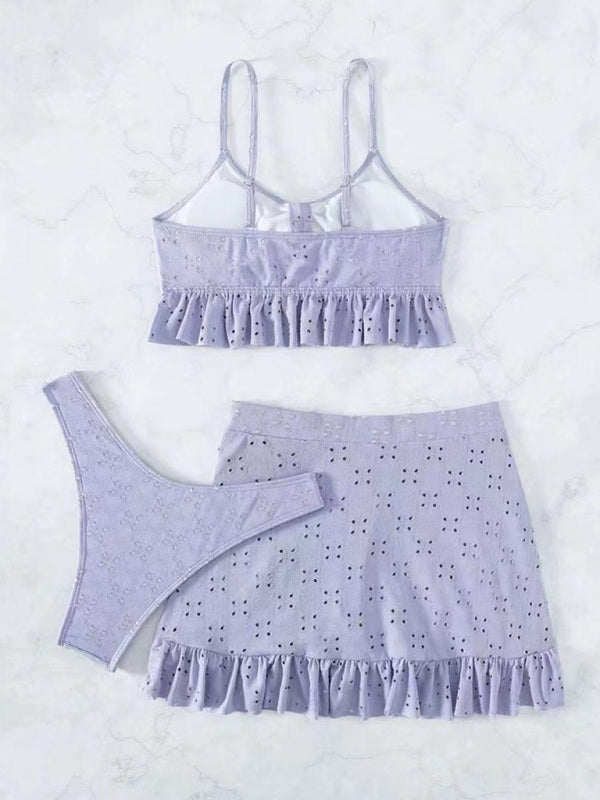 Romantic 3-Piece Swimsuit Set – Bikini Top, Bottom & Sheer Hip Skirt