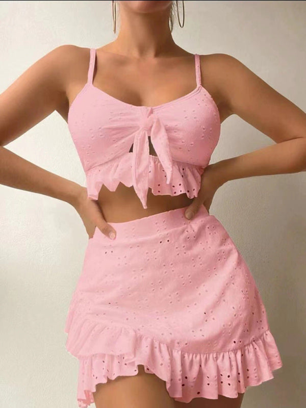 Romantic 3-Piece Swimsuit Set – Bikini Top, Bottom & Sheer Hip Skirt