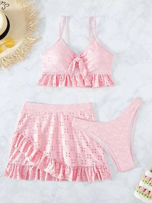Romantic 3-Piece Swimsuit Set – Bikini Top, Bottom & Sheer Hip Skirt