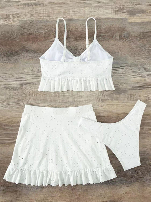 Romantic 3-Piece Swimsuit Set – Bikini Top, Bottom & Sheer Hip Skirt