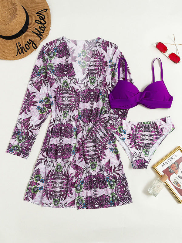 Three-Piece Mesh Bikini Swimsuit Set – Sexy Knit Cover-Up & Printed Design