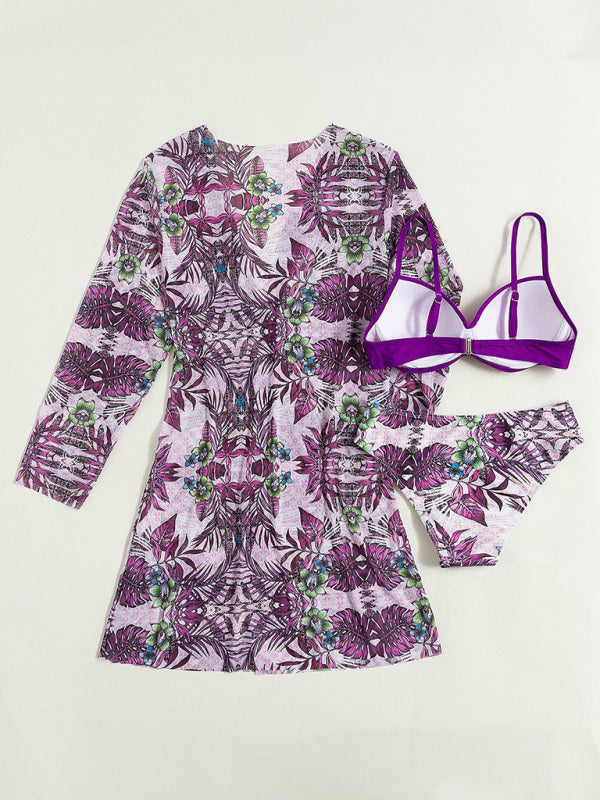 Three-Piece Mesh Bikini Swimsuit Set – Sexy Knit Cover-Up & Printed Design