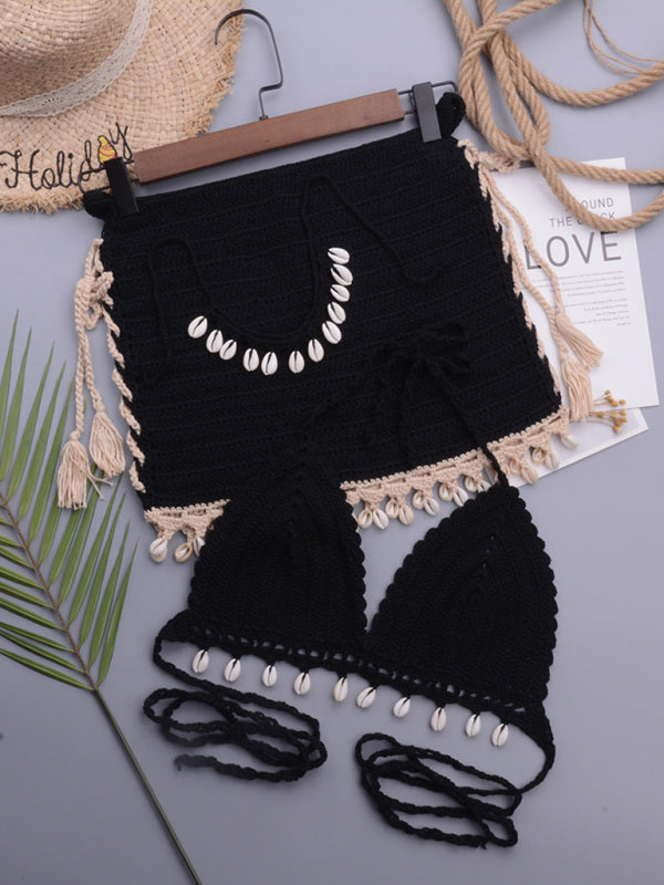 Handmade Shell Strappy Swimsuit – Solid Knit One-Piece for Beach Vacations