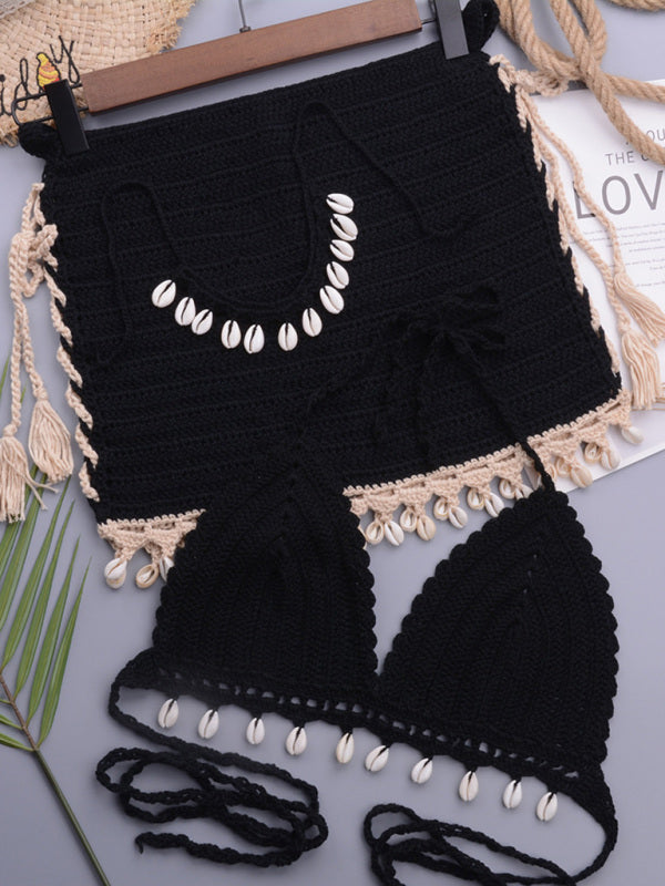Handmade Shell Strappy Swimsuit – Solid Knit One-Piece for Beach Vacations