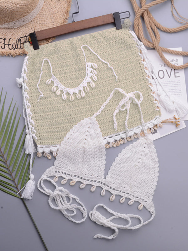 Handmade Shell Strappy Swimsuit – Solid Knit One-Piece for Beach Vacations