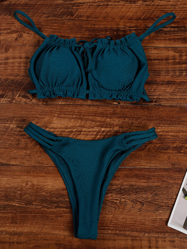 Solid Halter Bikini Set – Backless, Hollow Detail, High Elasticity Swimwear