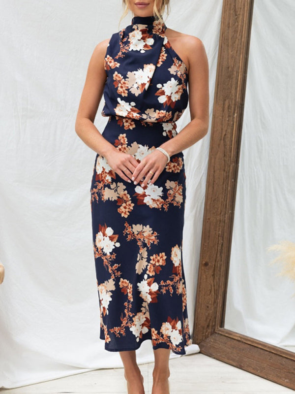Satin Halter Neck Maxi Dress – Sleeveless Printed with Graceful Silhouette