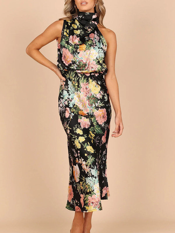 Satin Halter Neck Maxi Dress – Sleeveless Printed with Graceful Silhouette