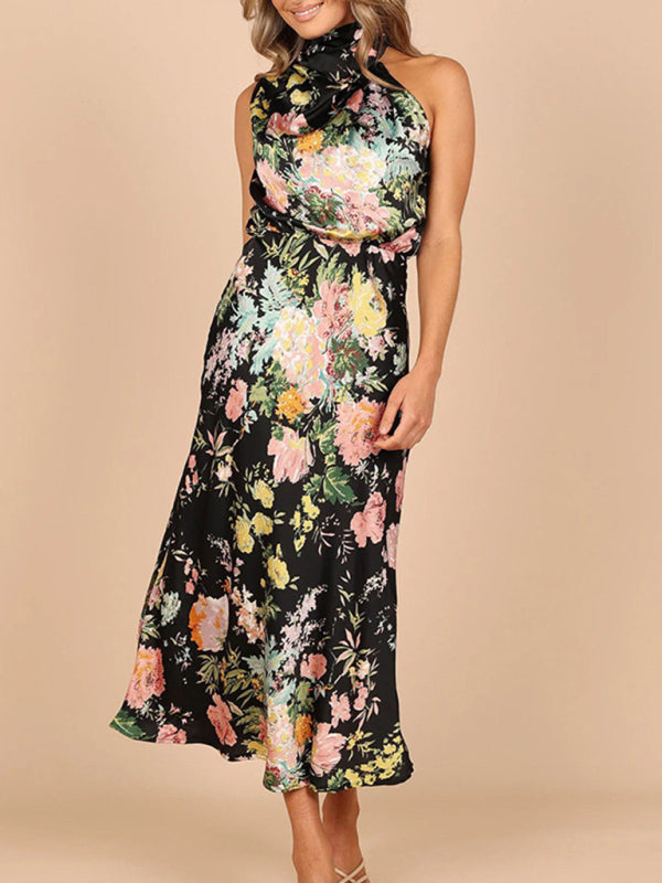 Satin Halter Neck Maxi Dress – Sleeveless Printed with Graceful Silhouette
