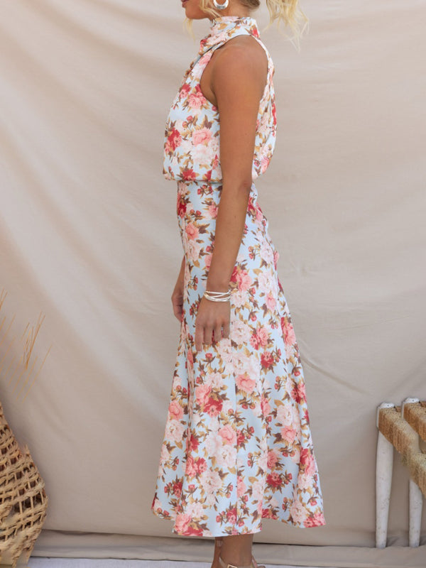 Satin Halter Neck Maxi Dress – Sleeveless Printed with Graceful Silhouette