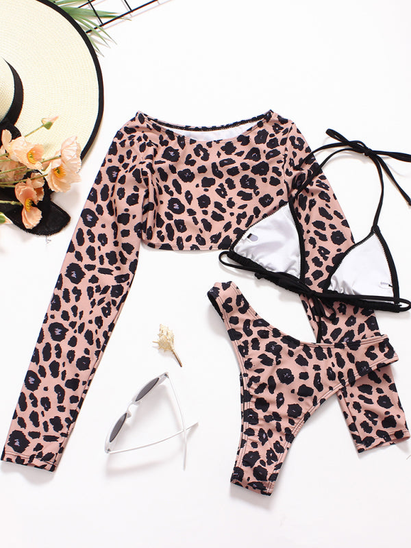 Leopard Print Braided Rope Bikini 3-Piece Set with Cover-Up – Spring Summer