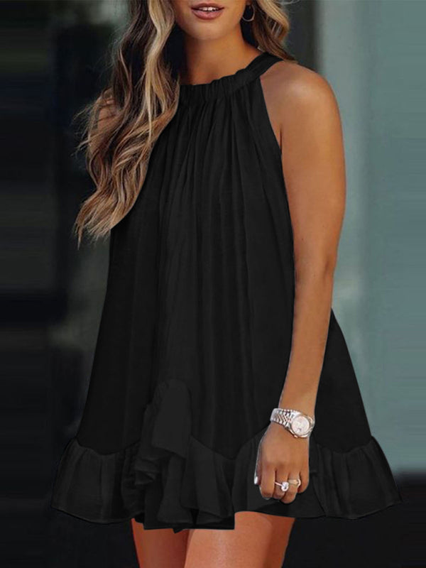 Halter Neck Sleeveless Summer Dress with Ruffles & Pleats – A-Line Fit