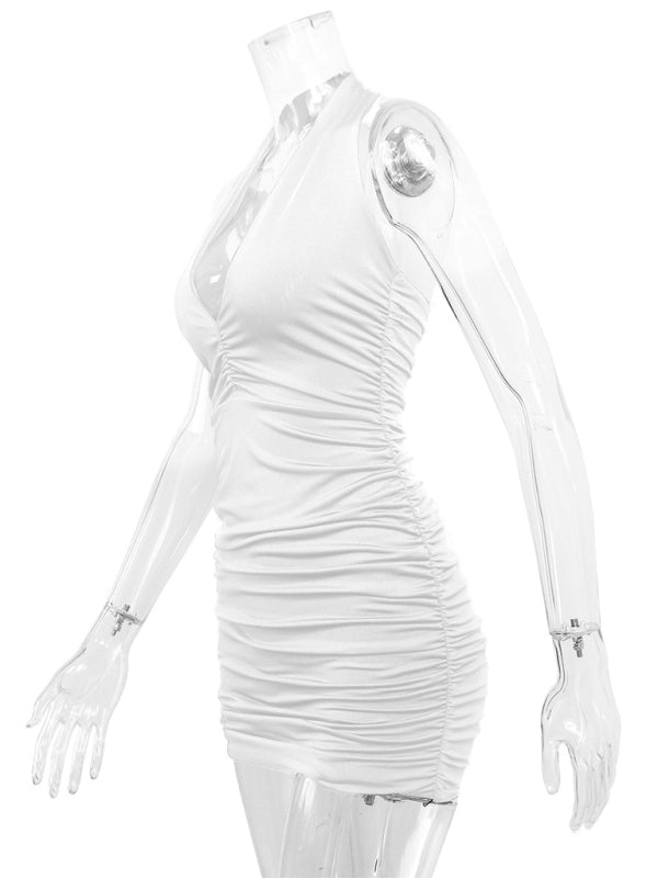 Sexy Backless Pleated Mini Dress – Halter V-Neck