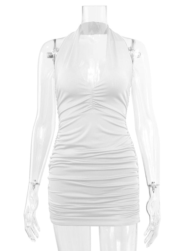 Sexy Backless Pleated Mini Dress – Halter V-Neck