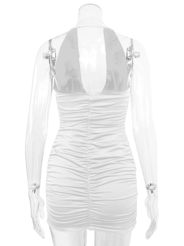 Sexy Backless Pleated Mini Dress – Halter V-Neck