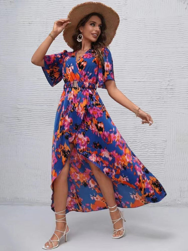 Bohemian Floral V-Neck Irregular Hem Beach Dress – Lightweight Short Sleeve