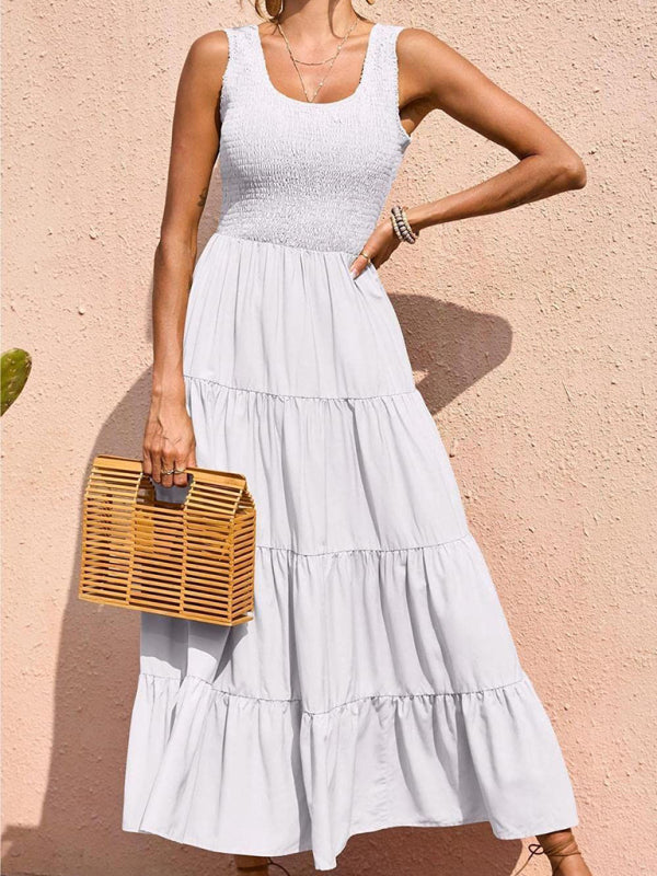 Sleeveless Pleated Swing Dress – Solid Color, Flowy Fit, Summer Style