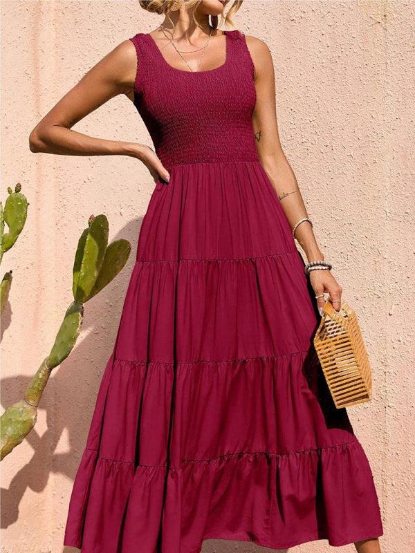 Sleeveless Pleated Swing Dress – Solid Color, Flowy Fit, Summer Style