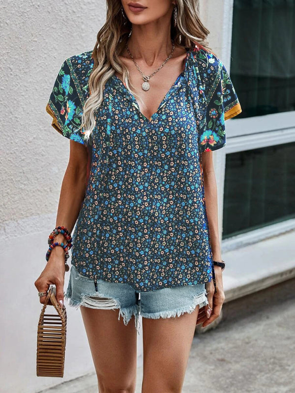 Boho Floral V-Neck Short Sleeve Loose Shirt