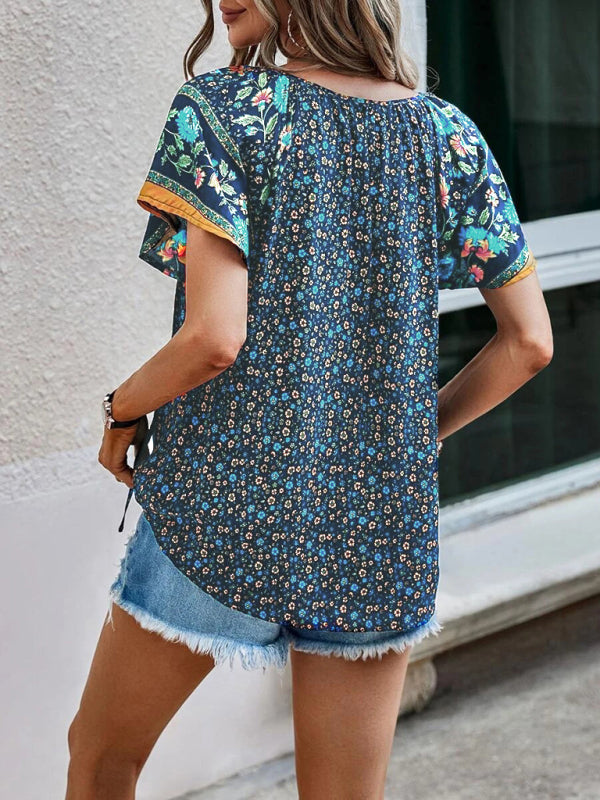 Boho Floral V-Neck Short Sleeve Loose Shirt