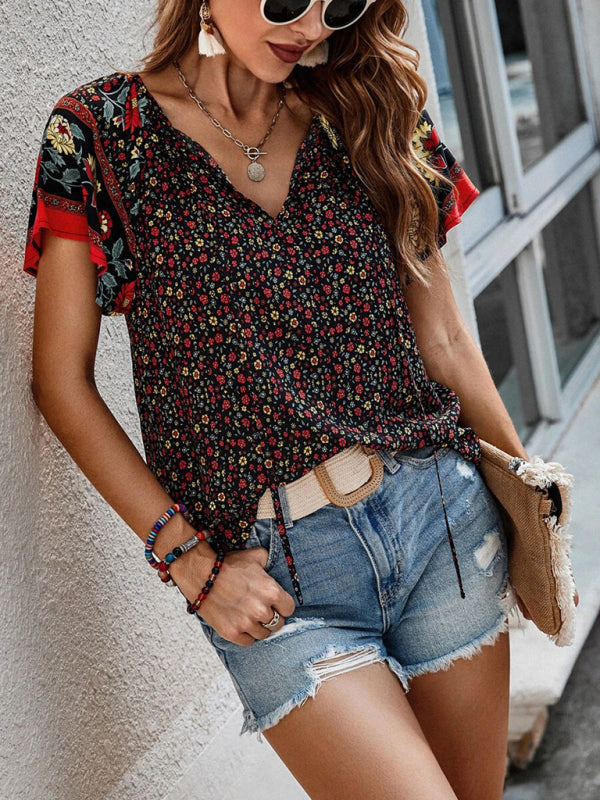 Boho Floral V-Neck Short Sleeve Loose Shirt