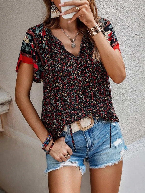 Boho Floral V-Neck Short Sleeve Loose Shirt